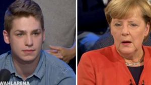 Der 21-jährige Pflege-Azubi Alexander Jorde (links) kritisiert Kanzlerin Angela Merkel in der ARD-Wahlarena wegen ihrer, wie er meint, jahrelangen Tatenlosigkeit in seinem Berufsbereich. Foto: WDR