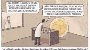 Der Cartoonist Tom Gauld mixt gerne: zum Beispiel ein Krimiklischee mit Teilchenphysik,. Foto: Edition Moderne/Tom Gauld