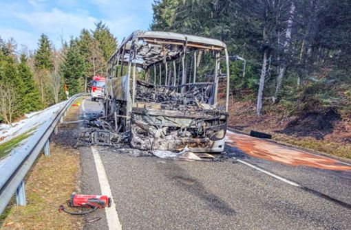 Völlig ausgebrannt: Der Bus auf der Bundesstraße 500. Foto: dpa/Johannes Lemmer