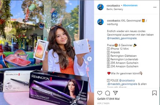 Die 14-jährige Coco macht auf ihrem Instagram-Kanal „cocobasics“ Werbung für ein Gewinnspiel – ist das Kinderarbeit? Foto: Instagram/cocobasics