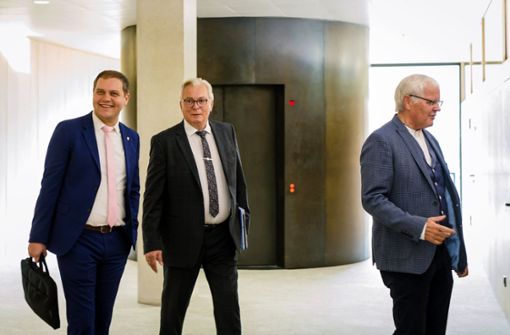 Die beiden AfD-Abgeordneten Anton Baron (l) und Emil Sänze (r) gehen mit Bernd Gögel, AfD-Fraktionsvorsitzender, zum Büro von Landtagspräsidentin Aras. Foto: dpa