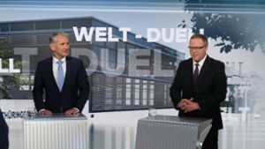 Björn Höcke (links) im TV-Duell mit CDU-Politiker Mario Voigt. Foto: IMAGO/dts Nachrichtenagentur/Martin Lengemann/WELT/dts Nachrichtenagentur