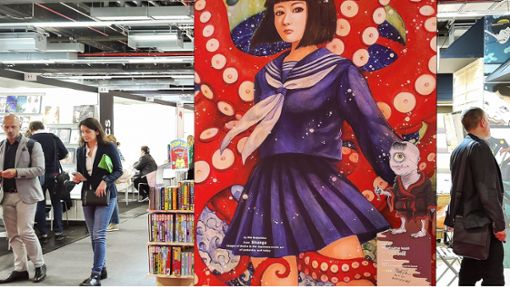 Auch Mangas –     japanische Comics – ziehen junge Leser in die Buchhandlungen. Die Frankfurter Buchmesse hat den Comics einen kleinen Salon aufgebaut. Foto: Daniel Gräfe