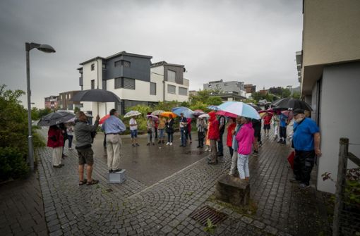 Regenscheu sind die Teilnehmer der Gerlinger Stadtführung auf jeden Fall nicht. Foto: Jürgen Bach/Jürgen Bach