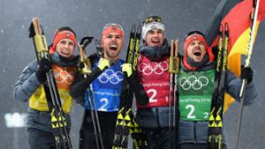 Gold für die Nordischen Kombinierer bei Olympia 2018: Eric Frenzel, Johannes Rydzek, Vinzenz Geiger und Fabian Rießle (v.l.n.r.) Foto: Getty Images AsiaPac