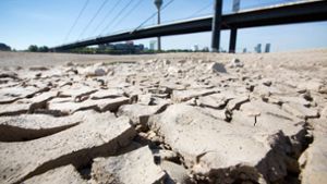 27. Juli 2018: Am Ufer des Rheins im nordrhein-westfälischen Düsseldorf sind durch die anhaltende Trockenheit Risse entstanden. Im Hintergrund die Rheinkniebrücke und der Rheinturm. Foto: Martin Gerten/dpa
