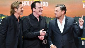 Es war einmal in Berlin: Brad Pitt, Quentin Tarantino und Leonardo DiCaprio (von links) bei der Deutschlandpremiere von „Once upon a time...in Hollywood“. Foto: dpa