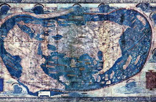 Der deutsche Kartograf Henricus Martellus Germanus fertigte 1490 diese Weltkarte an, die der Darstellung seines Kollegen Martin Behaim aus dem Jahr 1492 ähnelt. Beide verraten starke Einflüsse des  ptolemäischen Weltbildes. Foto: Wikipedia commons/Yale Library Archives