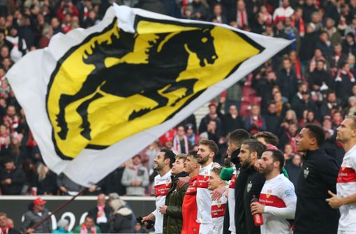 Freude bei den Spielern des VfB Stuttgart nach dem Derbysieg gegen den Karlsruher SC. Foto: Pressefoto Baumann/Alexander Keppler