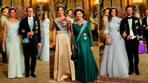Im großen Ornat (von links): Kronprinzessin Victoria, Prinz Daniel, Königin Mary, Königin Silvia, Prinzessin Sofia und Prinz Carl Philip. Foto: Imago/Agencia EFE