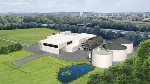 So soll die Bioabfallvergärungsanlage aussehen, die im Zuffenhäuser Gewann Hummelsbrunnen-Süd gebaut werden soll. Foto: Visualisierung:/Stadt Stuttgart
