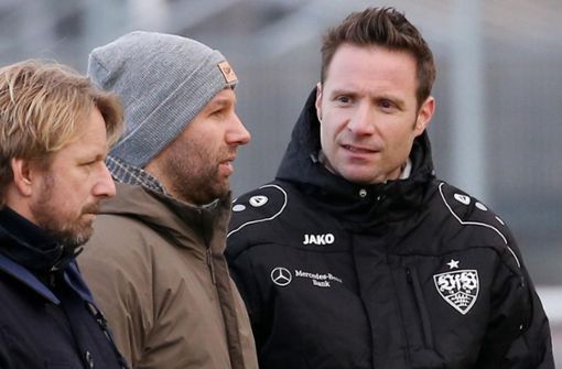 Wollen gemeinsam die Nachwuchsarbeit beim VfB Stuttgart wieder nach vorn bringen: Sven Mislintat, Thomas Hitzlsperger und Thomas Krücken (von links nach rechts). Foto: Baumann