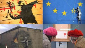 Das alles ist Banksy: Das Schredder-Bild „Love is in the Bin“ (unten rechts) ist von 7. März an in Stuttgart in der Staatsgalerie. Was es mit den anderen Motiven auf sich hat, erfahren Sie in unserer Bildergalerie. Foto: AFP, dpa