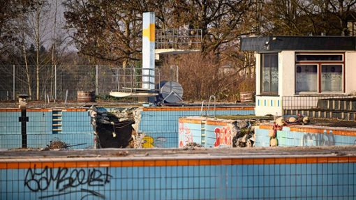 Angeknabberte Becken und ein fast noch intakter Sprungturm: Das einstige  Freibad als „Lost Place“ Foto: Gottfried Stoppel