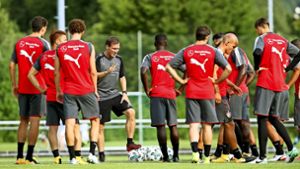 Alle Mann aufgepasst: Der VfB-Trainer Hannes Wolf, der einen komplexen Fußballansatz verfolgt, gibt genaue Anweisungen an die Spieler. Foto: Baumann