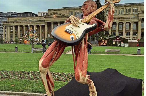 Das Plastinat eines Mannes mit Gitarre stand für anderthalb Stunden auf dem Schlossplatz. Foto: Schäfer