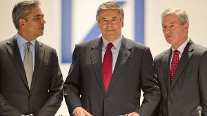 Die früheren Bank-Chefs Anshu Jain, Josef Ackermann und Jürgen Fitschen. Foto: dpa