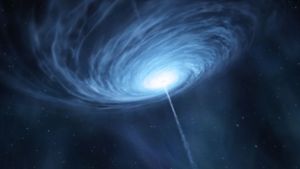 Diese Illustration zeigt die Vorstellung eines Künstlers vom Quasar 3C 279. Durch den Zusammenschluss verschiedener Radioteleskope gelang Astronomen im Juli 2012 ein Blick mit zweimillionenfacher Vergrößerung auf das zentrale Schwarze Loch der mehr als fünf Milliarden Lichtjahre entfernten Galaxie.  Foto: dpa