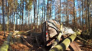 Mächtige Bäume am Boden und ein zertrümmerter Waldarbeiterwagen in Leonberg-Höfingen – Täter unbekannt. Foto: Polizei Ludwigsburg/Archiv