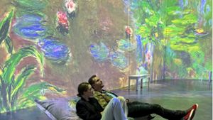 Auf Sitzsäcken liegend taucht man in Monets Malerei ein. Foto: Monets Garte/Alegria Konzert