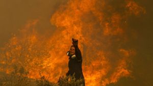 Ein Feuerwehrmann steht vor dem Flammenmeer in einem Athener Vorort. Foto: Imago/Xinhua/Marios Lolos
