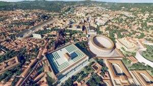 Das computergenerierte Bild zeigt eine Luftaufnahme des antiken Roms im Jahr 320 n. Chr. mit dem Kolosseum (Mitte) als 3D-Rekonstruktion „Rome Reborn 4.0“. Foto: Flyover Zone/dpa