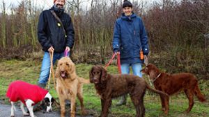 Tina Martini und ihr Ehemann Rüdiger Frimmel mit ihren vier Hunden Yahoo, Happy, Cherry und Rosi ärgern sich über Hundehaufen – und beteiligen sich an einer Aufsammelaktion. Foto: Caroline Holowiecki
