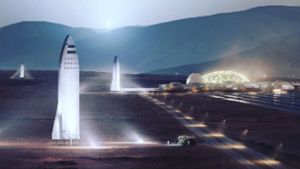 Die von dem Raumfahrtunternehmen SpaceX zur Verfügung gestellte undatierte Computergrafik zeigt ein geplantes Raumschiff und die Mars City auf dem Mars. Das Raumschiff soll mit der ebenfalls geplanten Mega-Rakete namens Big Fucking Rocket (BFR) frühestens 2024 bis zu 120 Menschen auf den Roten Planeten bringen können. Foto: dpa