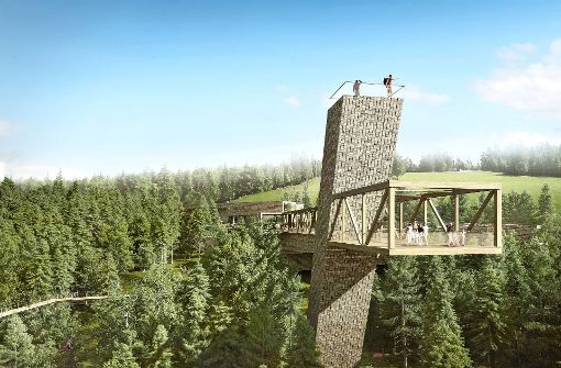 Der geplante Aussichtsturm des Besucherzentrums  und der ihn umgebende Skywalk ist als Brücke aus dem Inneren der Ausstellung in den realen Schwarzwald gedacht. Die Schindeln kommen aus Nordamerika. Foto: bloomimages
