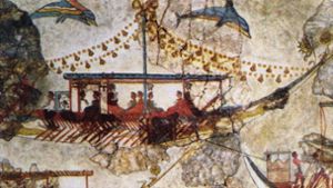 Diese Wandmalerei aus Acrotiri in Thera (Santorini/Griechenland) zeigt ein minoisches Schiff aus der Bronzezeit. Foto: Imago/United Archives International