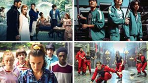Netflix-Erfolgsserien: „Bridgerton“, „Squid Game“, „Haus des Geldes“, „Stranger Things“ (von links oben im Uhrzeigersinn) Foto: Netflix