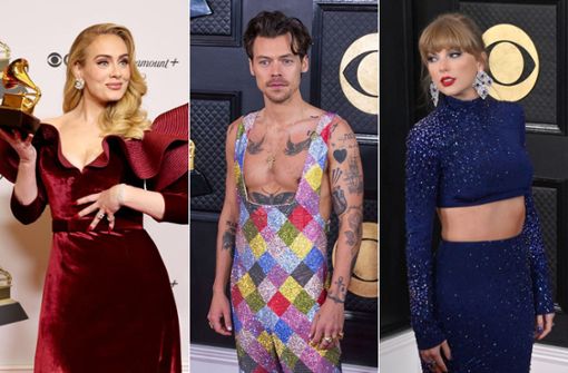 Adele, Harry Styles und Taylor Swift – für die Grammys machten sich die Stars richtig schick. Foto: AFP/ROBYN BECK/Imago/Zuma