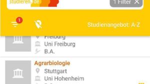 Mit der App von studieren.de kann man nach freien Studienplätzen suchen und sogar nach Orten, Hochschultypen und Abschlüssen filtern. Foto: red/studieren.de