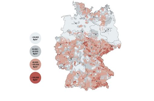Die Karte „Radon-Konzentration im Boden“ des Bundesamtes für Strahlenschutz zeigt, wie viel Radon im Boden in Deutschland vorkommt. Foto: BfS/