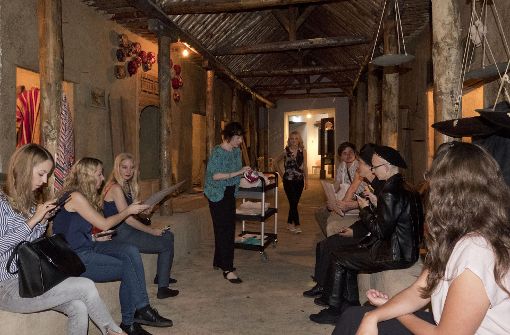Die Kuratorin Annette Krämer (M.) führt eine Gruppe von Social-Media-Journalistinnen und -Journalisten durch die arabische Abteilung des Lindenmuseums in Stuttgart. Foto: Lichtgut/Michael Latz