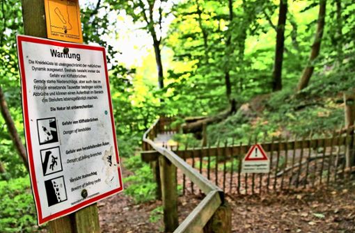 Der Aufenthalt am Kreidefelsen ist nicht ganz ungefährlich, wie diese Warnschilder auf Rügen verdeutlichen. Foto: Przybilla