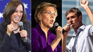 Drei von vielen Demokraten, die ins Weiße Haus wollen: Kamala Harris, Elizabeth Warren und Beto O’Rourke (von links). Foto: AFP/AP