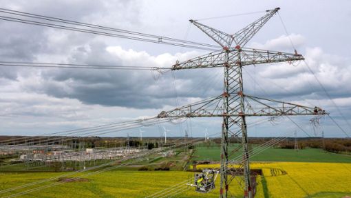 An neuen Strommasten nahe des Umspannwerkes Conneforde in Niedersachsen finden Bauarbeiten statt. Foto: Sina Schuldt/dpa