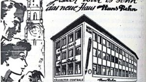 Hans Rehns  Füllhalter-Zentrale an der Stiftstraße 3 in einer Werbeanzeige der Stuttgarter Zeitung vom 21. Mai 1954 Foto: privat