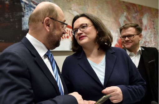 Die SPD-Fraktionsvorsitzende Andrea Nahles soll nun auch den Parteivorsitz von Martin Schulz (links) übernehmen. Foto: dpa