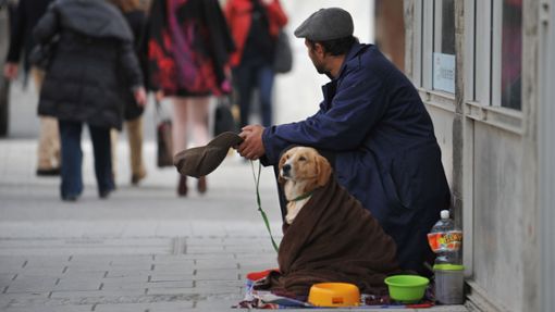 Ein Mann mit Hund bettelt in einer Fußgängerzone um Geld. Foto: dpa/Andreas Gebert