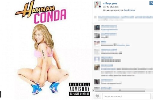 Das Gesicht gehört zu Miley Cyrus, der Rest zur Rapperin Nicki Minaj: Das Pop-Sternchen hat mit dieser Fotomontage, die sie bei Instagram veröffentlichte, kräftig die Werbetrommel für sich selbst gerührt. Foto: instagram.com/mileycyrus