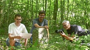 Etliche Erkundungsspaziergänge  haben Jakob Gommel, Elias und Markus Pantle (von links) unternommen, um die steinernen Fundstücke zu entdecken und vermessen. Foto: Werner Kuhnle