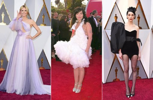 Oscar-Schrecklichkeiten aus zwei Jahrzehnten: Heidi Klum im Jahr 2016, Björk 2001 und St. Vincent 2018. Foto: dpa/AP/AFP