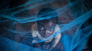 Ein Flüchtlingskind aus Burundi sitzt in Gashora, Ruanda, unter einem Moskitonetz: Der Malaria-Erreger wird durch Anopheles-Stechmücken übertragen. Foto: Dai Kurokawa/EPA/dpa