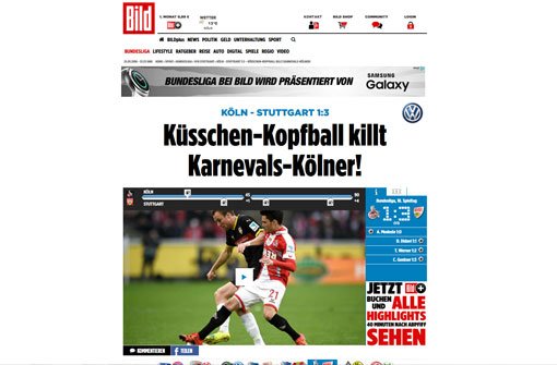Die Bild-Zeitung freut sich über den Küsschen-Jubel von Timo Werner nach seinem 2:1 gegen die Kölner. Unter Ex-Coach Zorniger gab es dafür Ärger, unter Kramny ist das schon mal erlaubt, so die Bild. Foto: Screenshot