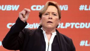 CDU-Spitzenkandidatin Susanne Eisenmann bei ihrer Rede auf dem digitalen CDU-Landesparteitag in Stuttgart Foto: AFP/MARIJAN MURAT