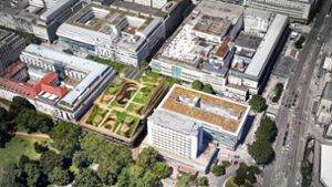 So soll’s  mal aussehen: Die Königstraße 1 C erhält ein grünes Dach, das hoch aufragende Schlossgartenhotel eine neue Fassade. Foto:  